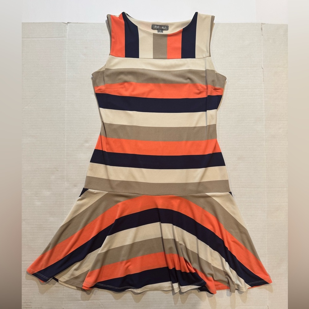Roz & Ali Beige, Orange, and Navy Striped Midi sleeveless dress size 4